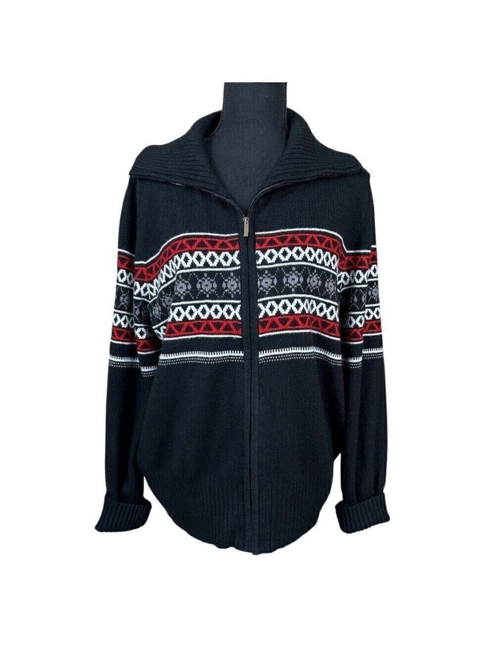 Josephine Chaus Black Red Fair Isle Nordic Full Zip Sweater Size XL